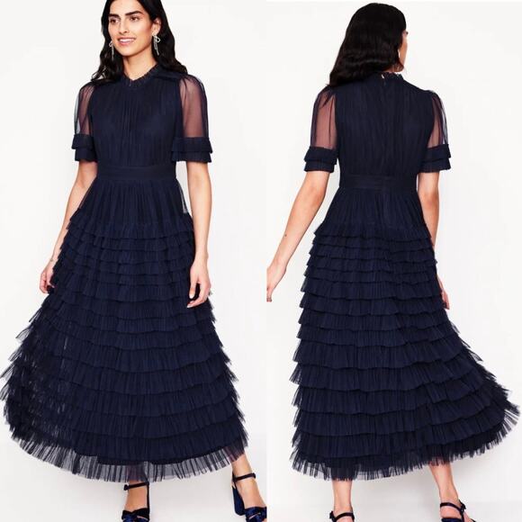 Boden Navy Blue Tiered Ruffle Tulle Dress Short Sleeve Sheer A Line Maxi 10 P - Picture 1 of 8